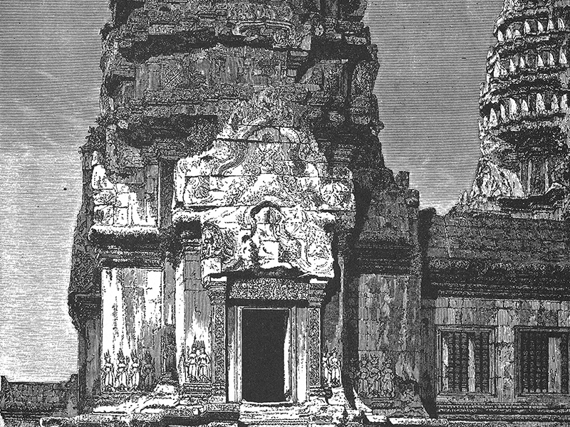 Ruins of Angkor Wat, wood engraving c. 1880.
