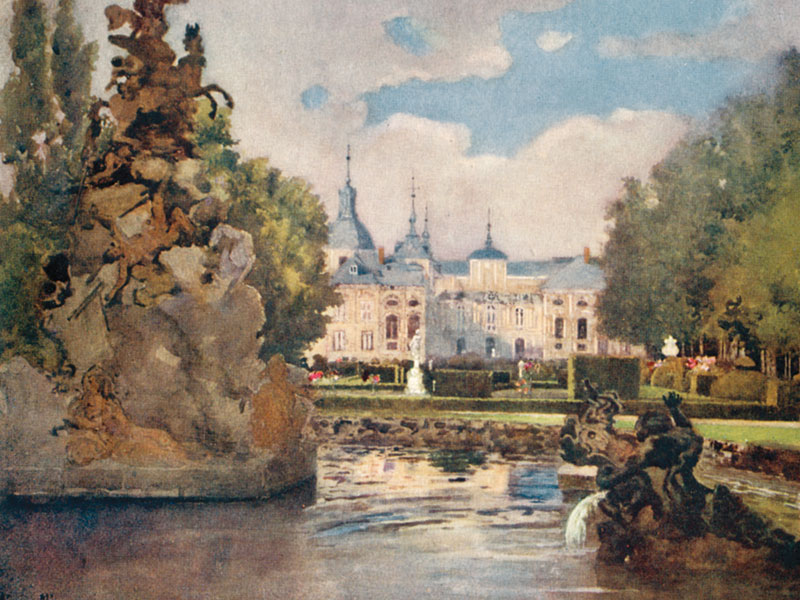 Segovia, La Granja de San Ildefonso, watercolour by Mima Nixon, publ. 1916. 