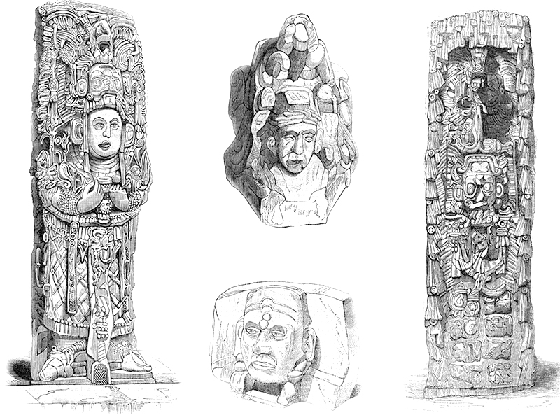 Sculpture from Copán, wood engraving c. 1880.