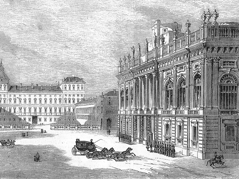 Turin, Palazzo Madama and Palazzo Reale, wood engraving c. 1880.