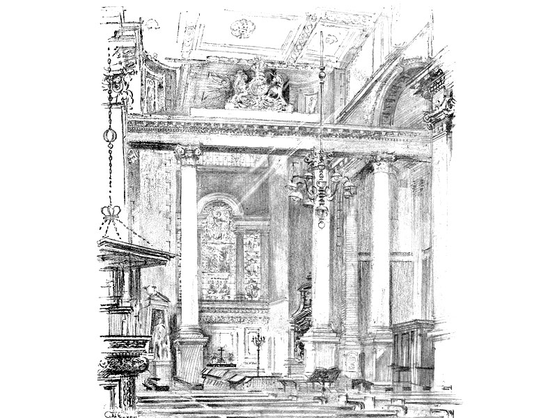Christ Church Spitalfields (Hawksmoor), from ‘Some London Churches’, illustrated by G.M. Ellwood, publ. 1911.