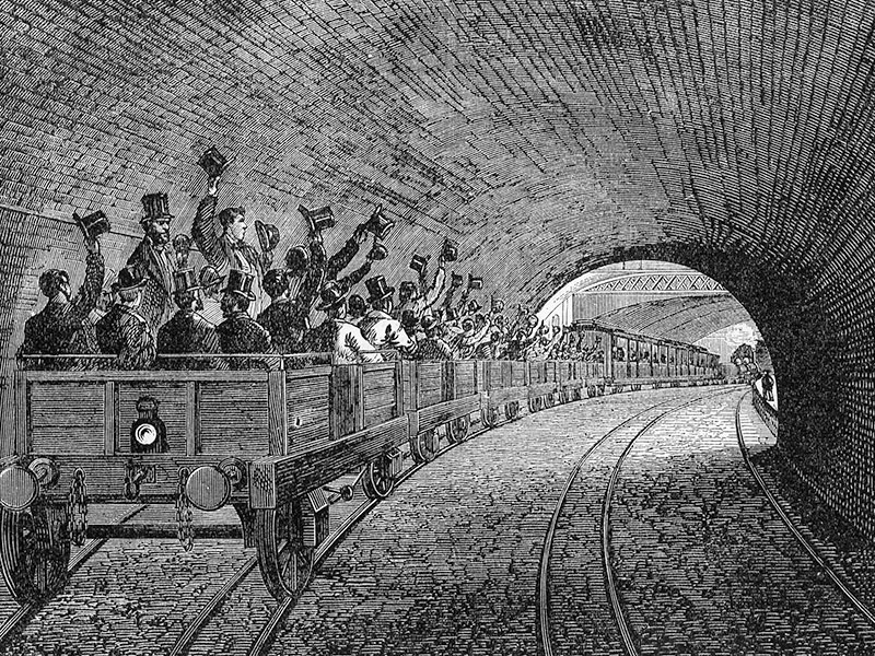 Trial trip on the Underground Railway in 1863, wood engraving c. 1880.