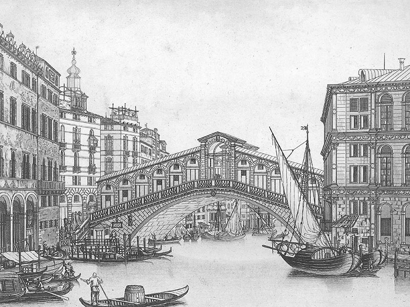 Venice, Rialto Bridge, aquatint c. 1830.