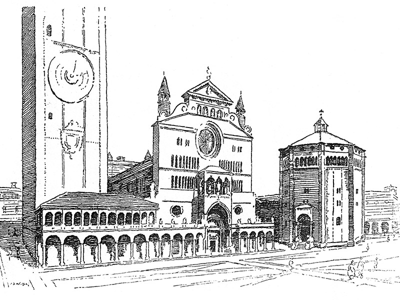 Cremona, cathedral and baptistery, from 'A Dawdle in Lombardy & Venice' by I.S. Williams, 1928.