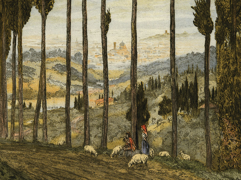 Tuscan landscape, etching c. 1920.