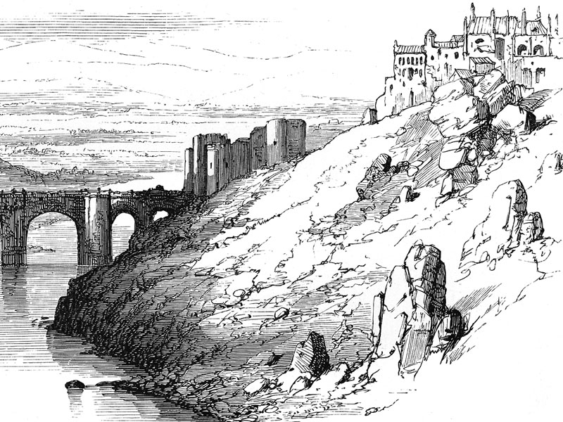  Toledo, the Tagus and Bridge of St Martin, wood engraving c. 1870.