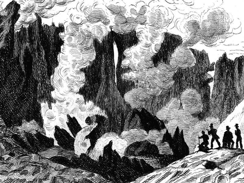 Tourists inspecting Mount Etna, engraving c. 1830.