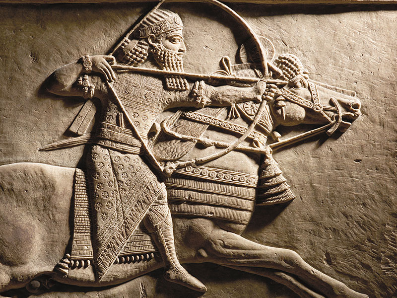 Relief detail of Ashurbanipal hunting on horseback. Nineveh, Assyria, 645–635 BC © The Trustees of the British Museum.