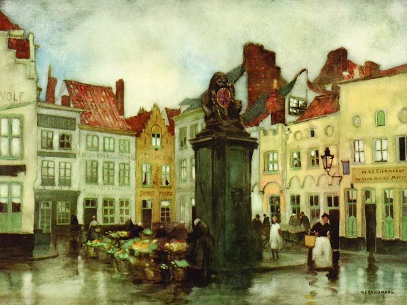 Bruges, watercolour by W.L. Bruckman, publ. 1900.