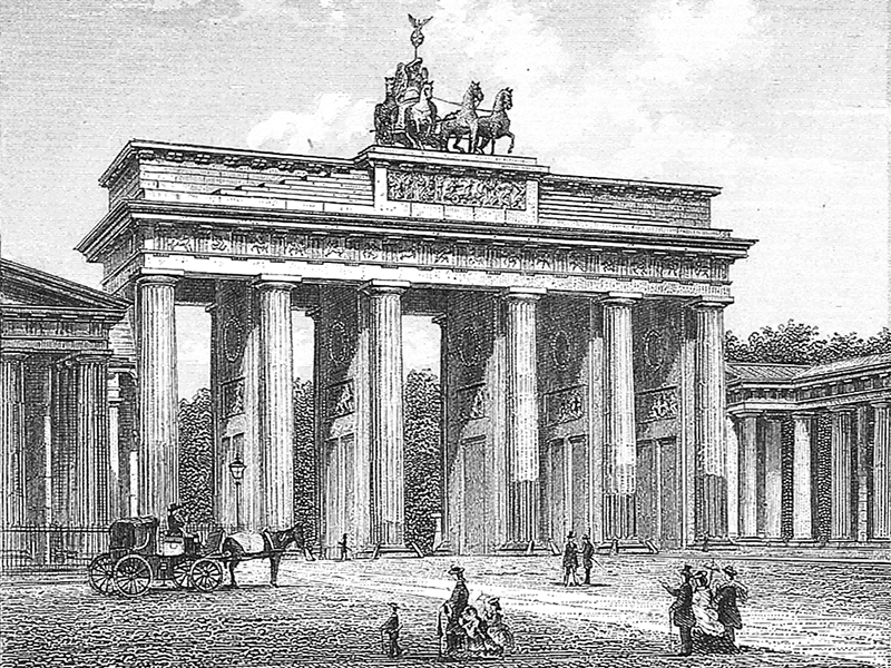 Berlin, Brandenburg Gate, steel engraving c. 1850.
