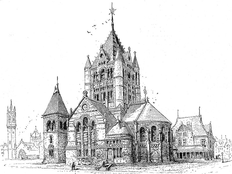 Boston, Trinity Church, wood engraving 1891 after a drawing by Richard Lovett.