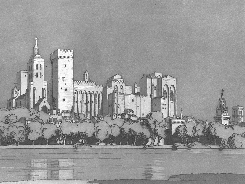 Avignon, Palais des Papes, aquatint by Sir Francis Barry.