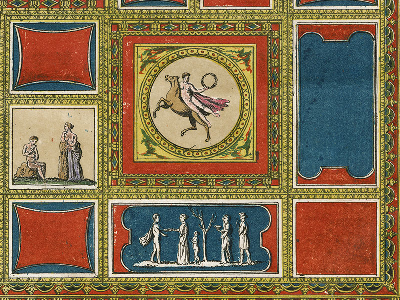 Early-19th-century engraving of a Roman wall and ceiling decoration, original hand colouring.