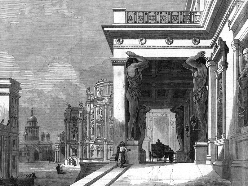 St Petersburg, entrance to The Hermitage, wood engraving c. 1880.