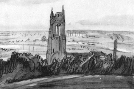 A ruined church outside Ypres, drawing by Muirhead Bone from The Western Front. 