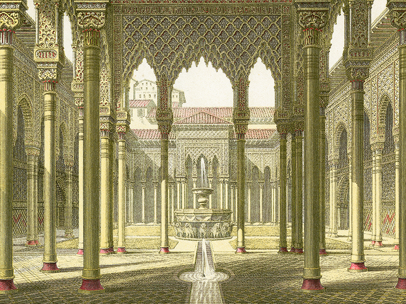 Granada, Courtyard of the Lions in The Alhambra, chromolithograph c. 1890