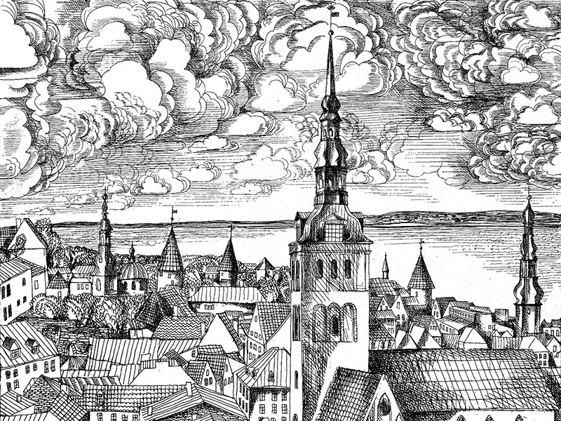 Tallinn, view from Castle Hill, 20th-century etching.