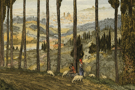 Tuscan landscape, etching c. 1920.