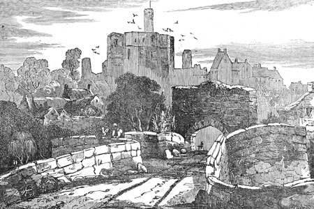 Warkworth Castle, wood engraving from The Saturday Magazine, 1833.