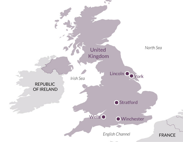 Map: The Cathedrals of England.