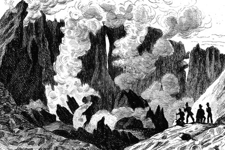 Tourists inspecting Mount Etna, engraving c. 1830.