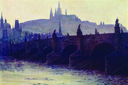 Prague, Charles Bridge, watercolour by B. Granville Baker, publ. 1923.
