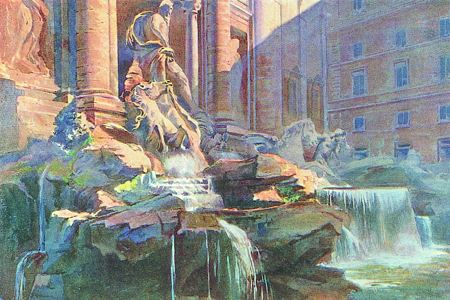 Rome, Trevi Fountain, watercolour by C.T.G. Fornilli, publ. 1927.