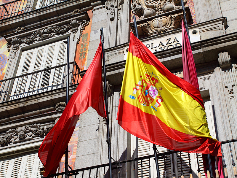 Spanish flag, Plaza Mayor, Madrid.