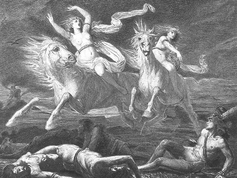 Valkyries, engraving 1883 by A. Becker.