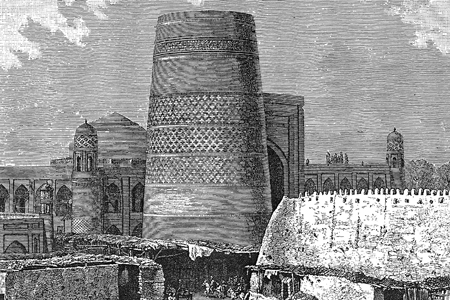 Khiva, the Grand Minaret, wood engraving c. 1880.