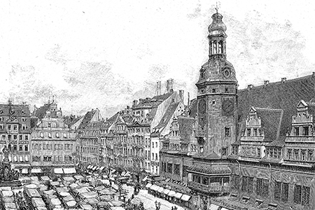 Leipzig, Altes Rathaus wood engraving from The Illustrated London News, 1866.