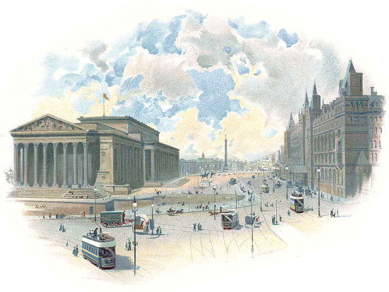 Liverpool, St George’s Hall and Lime Street Station, 19th-century lithograph by Charles Wilkinson.
