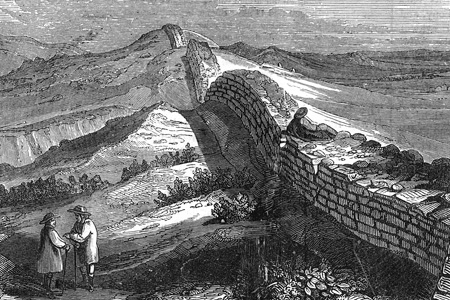 Hadrian’s Wall near Housesteads, wood engraving c. 1888.