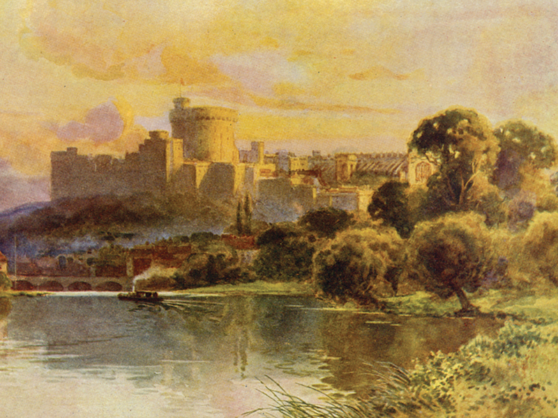 Windsor Castle from the Thames, watercolour by E. Haslehurst, publ. 1910.